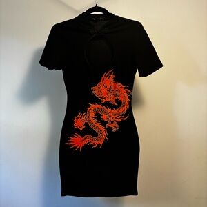 Fashion Nova Black Mini Dress with Orange Dragon